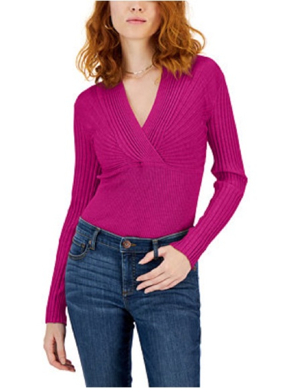 INC International Concepts Fuchsia surplice Ribbed V-Neck Sweater size Large